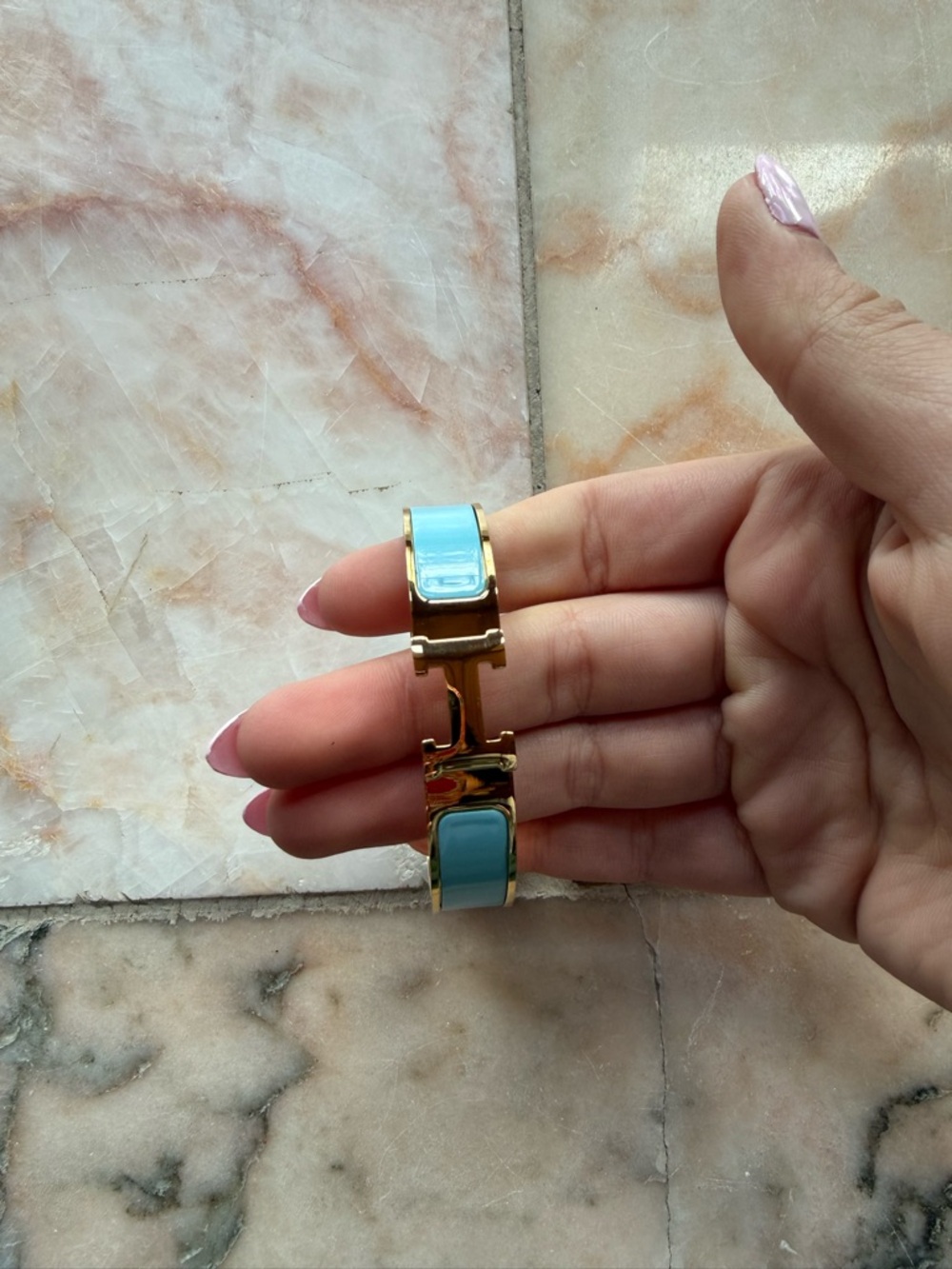 Gold Bangle Bracelet with Light Blue (Hermes)